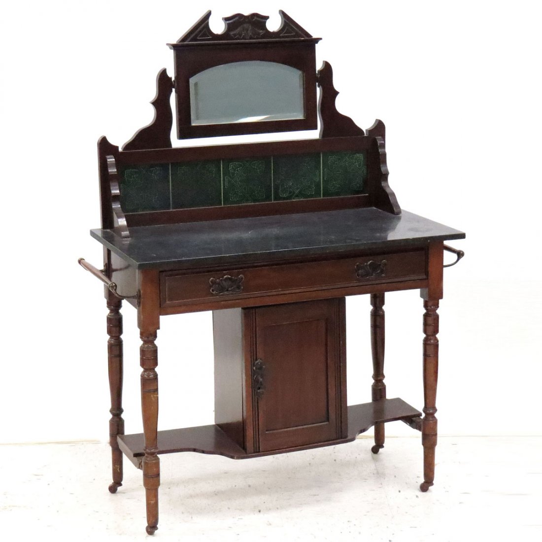 EDWARDIAN ART NOUVEAU FRUITWOOD WASH STAND: EDWARDIAN ART NOUVEAU FRUITWOOD WASH STAND WITH MARBLE-TOP AND TILE BACK. HEIGHT 53"; WIDTH 36"