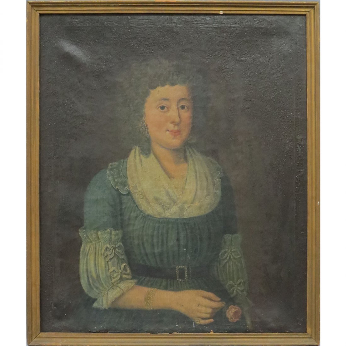 CONTINENTAL SCHOOL (18TH CENTURY), OIL ON CANVAS : CONTINENTAL SCHOOL (18TH CENTURY), OIL ON CANVAS, PORTRAIT OF A YOUNG WOMAN WITH ROSE, UNSIGNED. 32 X 27"; FRAMED 34 X 29" (OLD RESTORATIONS)