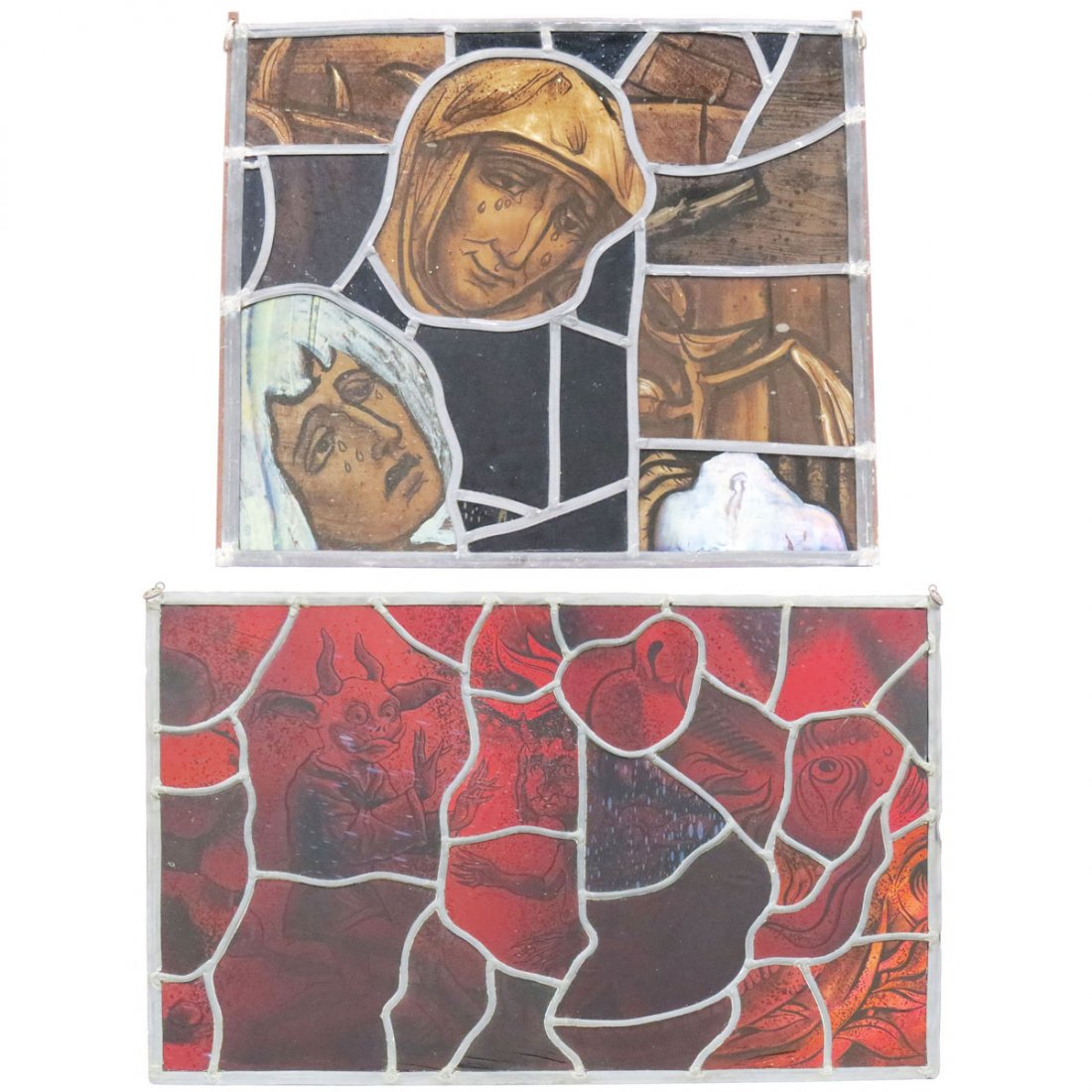 ROBERT PINART (FRENCH/AMERICAN 1927-): ROBERT PINART (FRENCH/AMERICAN 1927-), LOT (2) STAINED AND LEADED GLASS PANELS INCLUDING DANTE'S INFERNO. 18 X 21" AND 18 X 28"