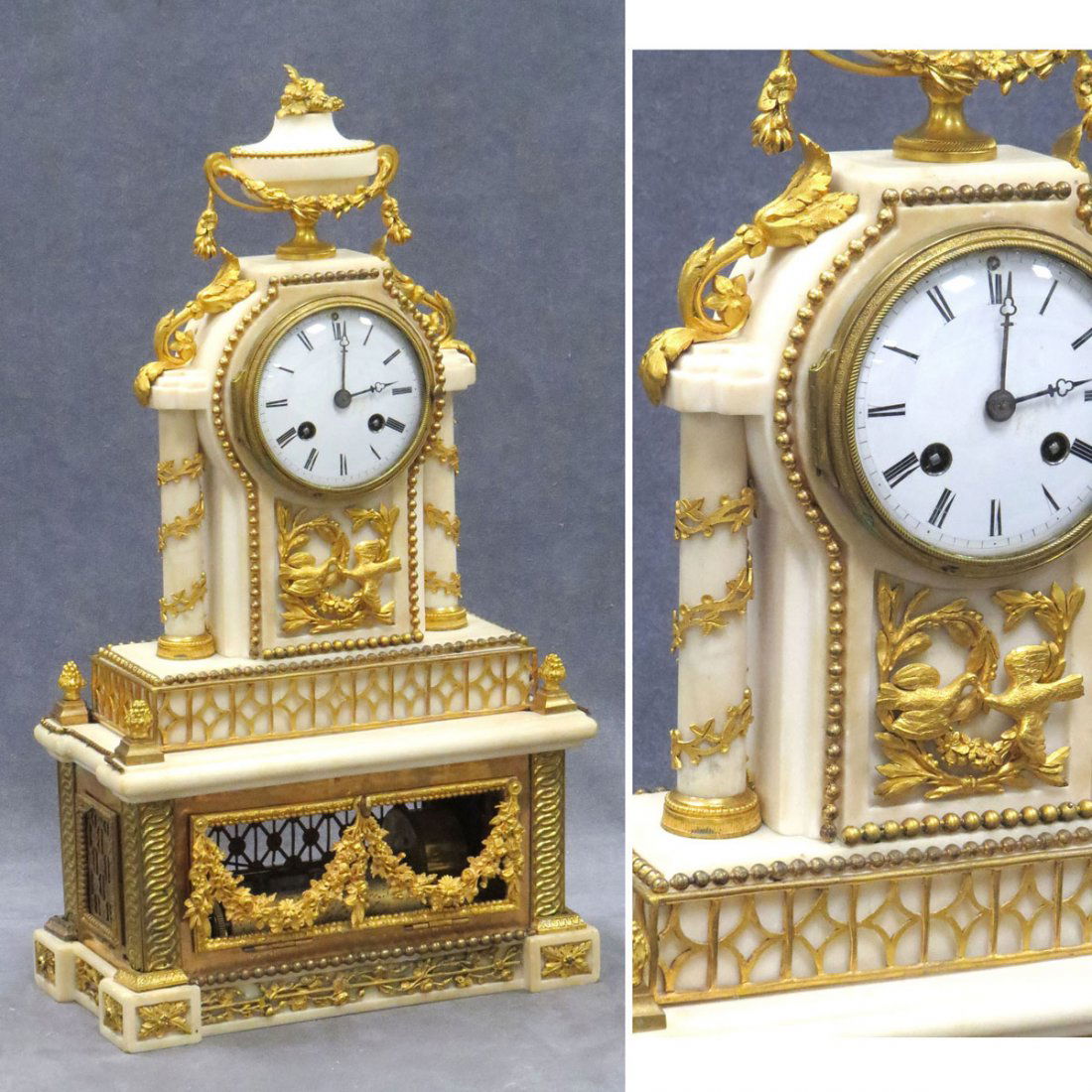 FRENCH GILT BRONZE AND ALABASTER MUSICAL CLOCK: FRENCH GILT BRONZE AND ALABASTER MUSICAL SHELF CLOCK. HEIGHT 18"