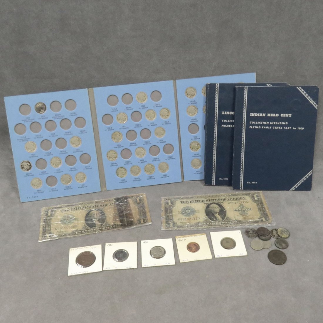 LOT (163) INCLUDING 1833 & 1853 US LARGE CENTS: LOT (163) INCLUDING 1833 & 1853 US LARGE CENTS, (38) ASSORTED INDIAN HEAD CENTS, (77) ASSORTED LINCOLN HEAD CENTS INCLUDING 1909 UDB, (8) LIBERTY NICKELS, (37) BUFFALO HEAD NICKELS, (2) SERIES 1923 $1