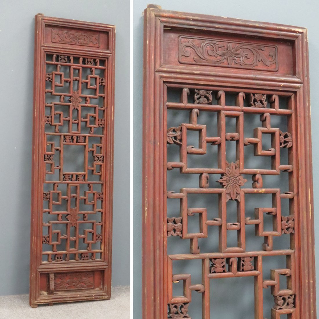 CHINESE CARVED WINDOW GRATE: CHINESE CARVED WINDOW GRATE. HEIGHT 65"; WIDTH 19"
