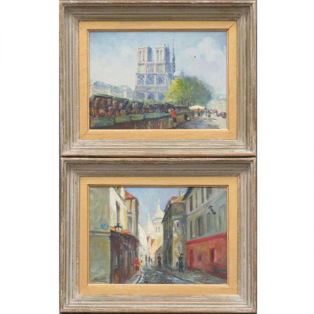 ANDRE FRANCHET (FRENCH 1896-1961), LOT (2) OIL: ANDRE FRANCHET (FRENCH 1896-1961), LOT (2) OIL ON CANVAS, BOOKSELLER STALLS/NOTRE DAME AND STREET SCENE, SIGNED. 9 1/2 X 13"; FRAMED 14 X 17 1/2"