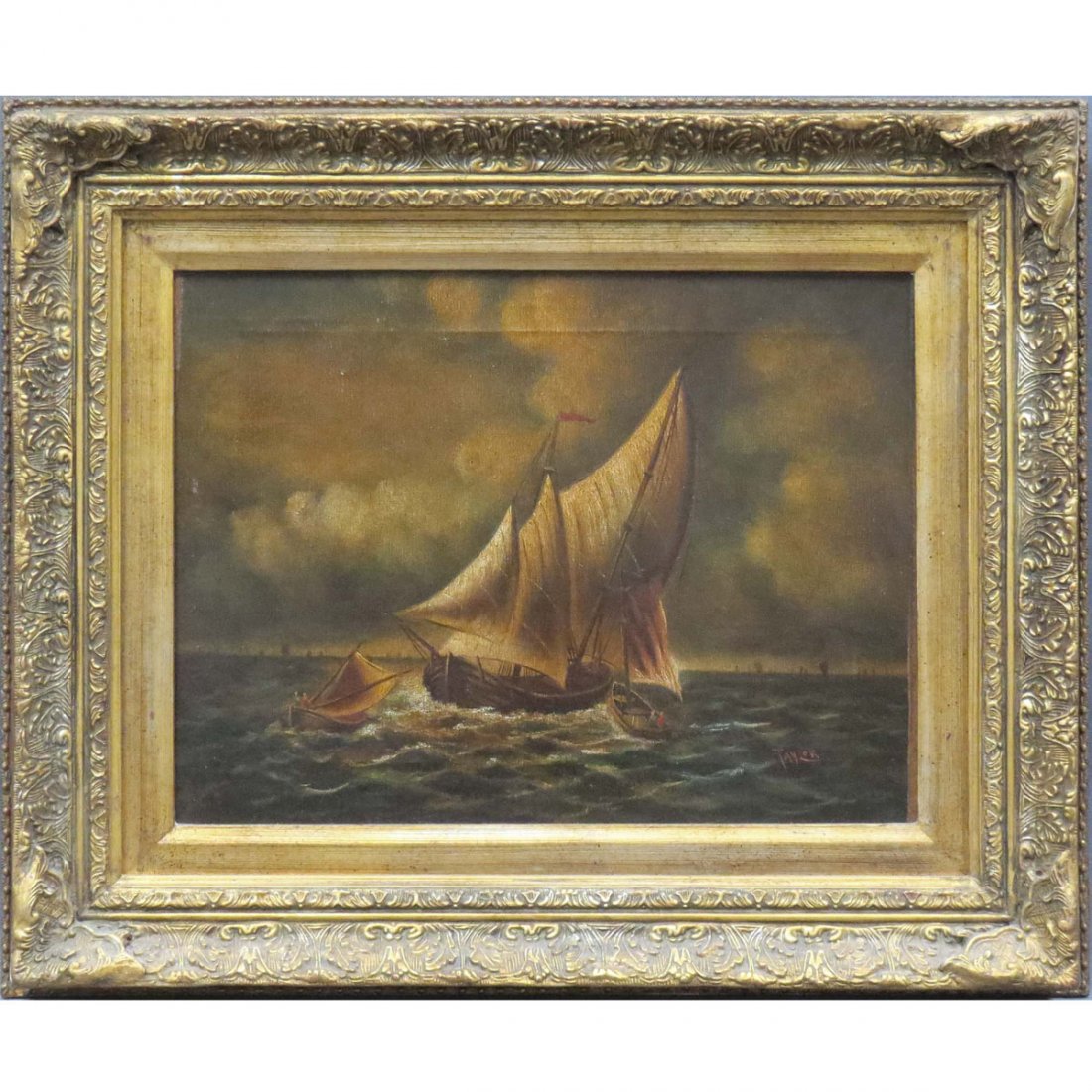 CONTINENTAL SCHOOL (19/20TH CENTURY), OIL: CONTINENTAL SCHOOL (19/20TH CENTURY), OIL ON CANVAS, SAILING SHIP WITH TENDERS, SIGNED TAYLOR. 12 X 16"; FRAMED 19 X 23"
