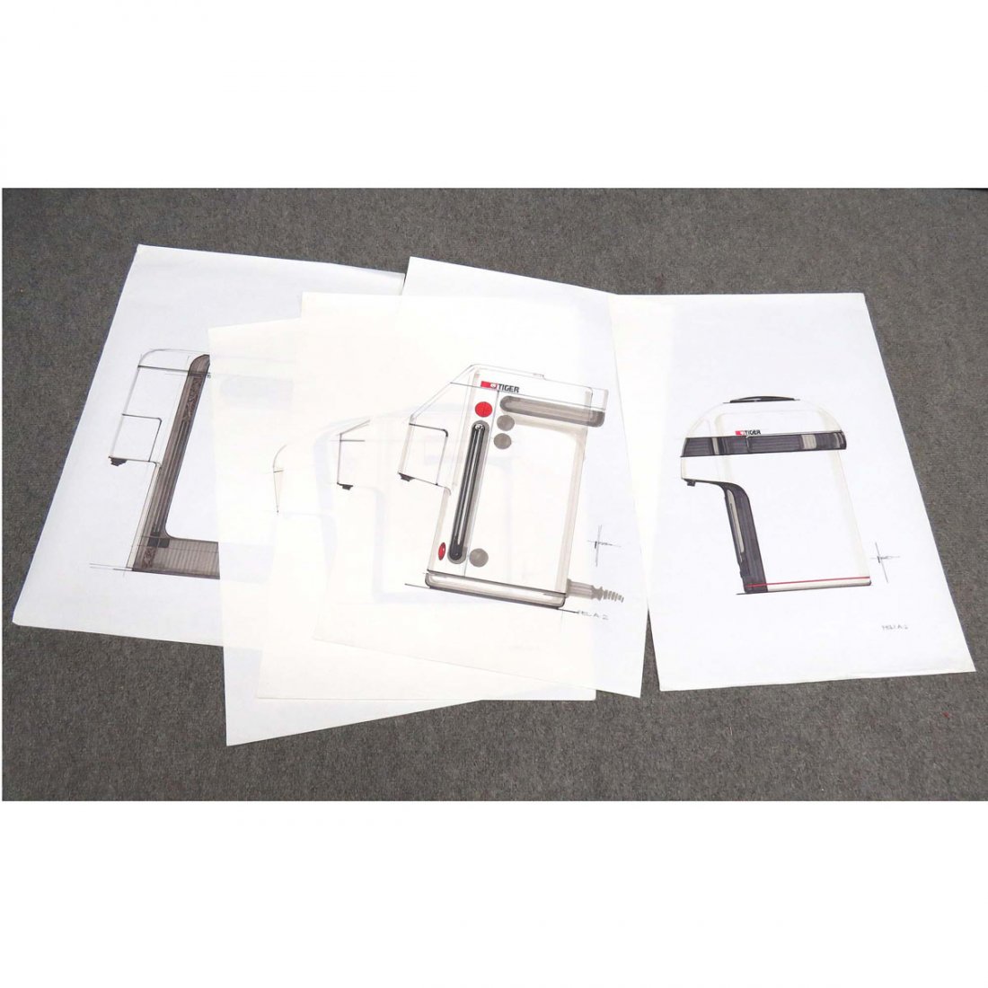 SYD MEAD (AMERICAN 1933-), AMERICAN FUTURIST: SYD MEAD (AMERICAN 1933-), AMERICAN FUTURIST DESIGNER AND ILLUSTRATOR, LOT (5) ORIGINAL INK CONCEPT DESIGNS, PHILIPS TIGER COFFEE MAKER, SIGNED. 24 X 16 1/2"