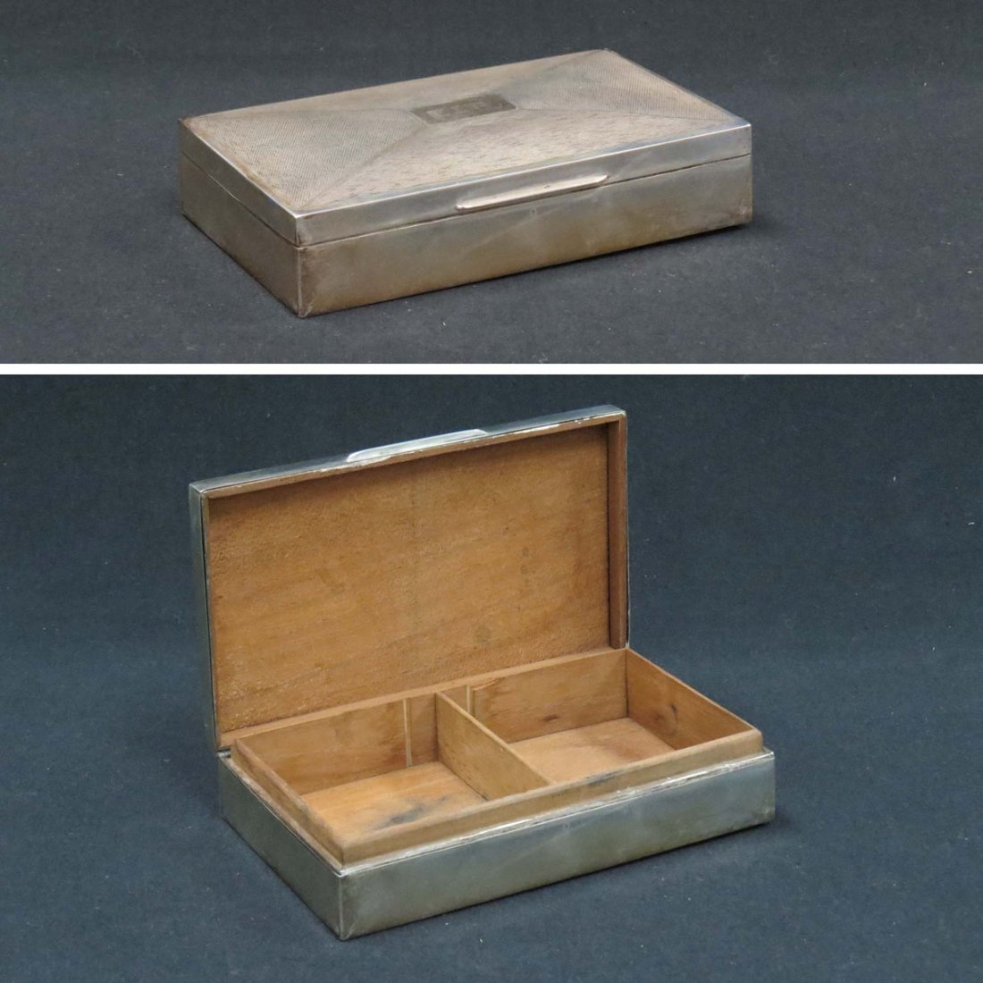 ENGLISH BIRMINGHAM STERLING CIGARETTE BOX: ENGLISH BIRMINGHAM STERLING AND WOOD-LINED CIGARETTE BOX, MONOGRAMMED 1936. 3 1/2 X 6"