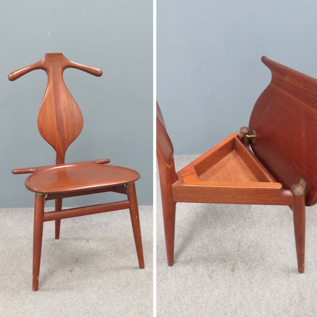 JOHANNES HANSEN FOR HANS WEGNER VALET CHAIR: JOHANNES HANSEN FOR HANS WEGNER CARVED AND INLAID TEAK VALET CHAIR, SIGNED