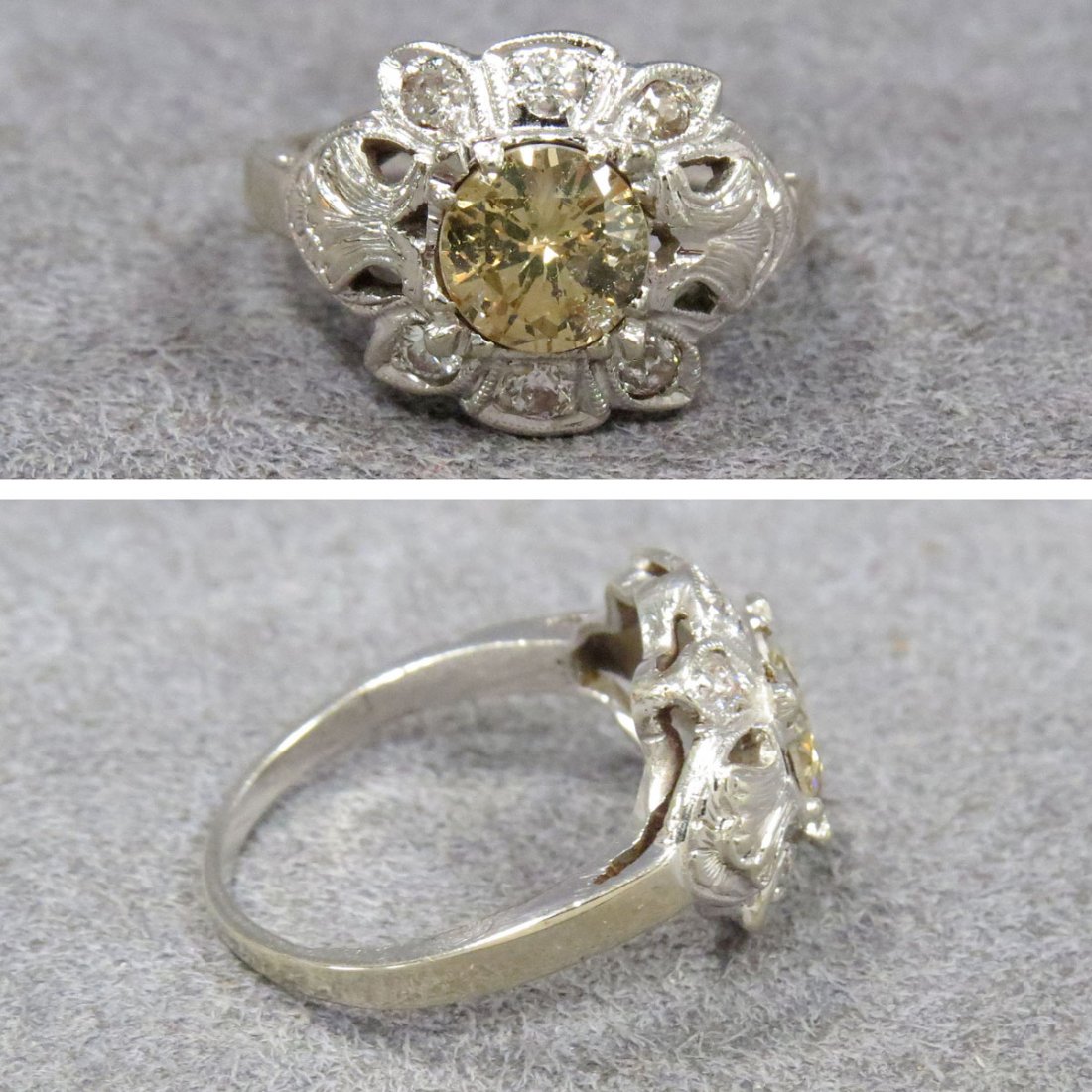 14K WHITE GOLD AND DIAMOND RING: 14K WHITE GOLD RING WITH CENTER FULL-CUT ROUND YELLOW DIAMOND, WEIGHS APPROXIMATELY 0.90 CT; CLARITY SI2/I1 AND (6) 2.0MM EUROPEAN-CUT WHITE DIAMONDS. RING SIZE 6; GROSS WEIGHT 3.12 GRAMS