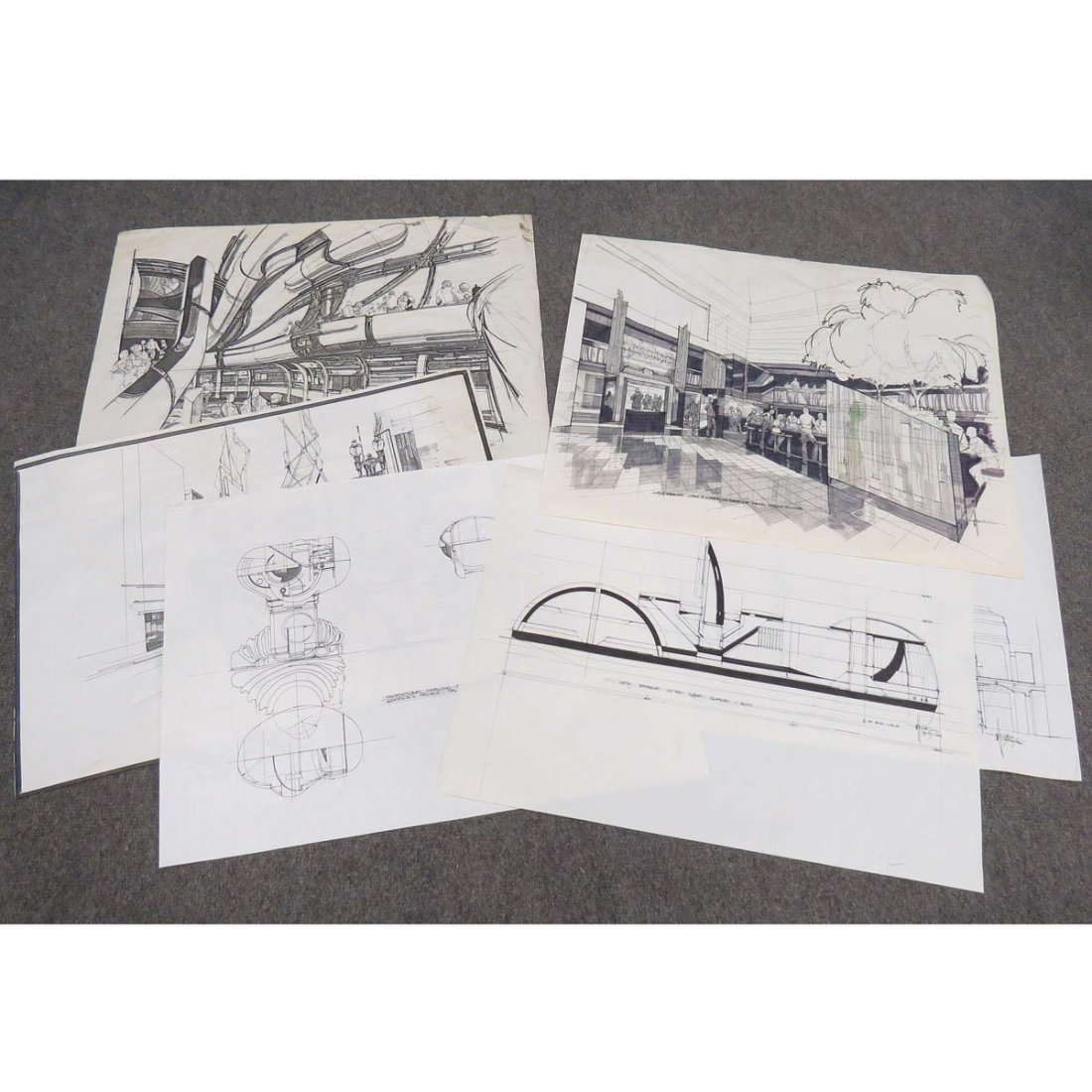 SYD MEAD (AMERICAN 1933-), AMERICAN FUTURIST: SYD MEAD (AMERICAN 1933-), AMERICAN FUTURIST DESIGNER AND ILLUSTRATOR, LOT (6) INCLUDING (3) ORIGINAL INK DESIGNS INCLUDING LA EXCHANGE AND BARGE, 1986-88, SIGNED AND (3) PRINTS INCLUDING EVIL EMPEROR