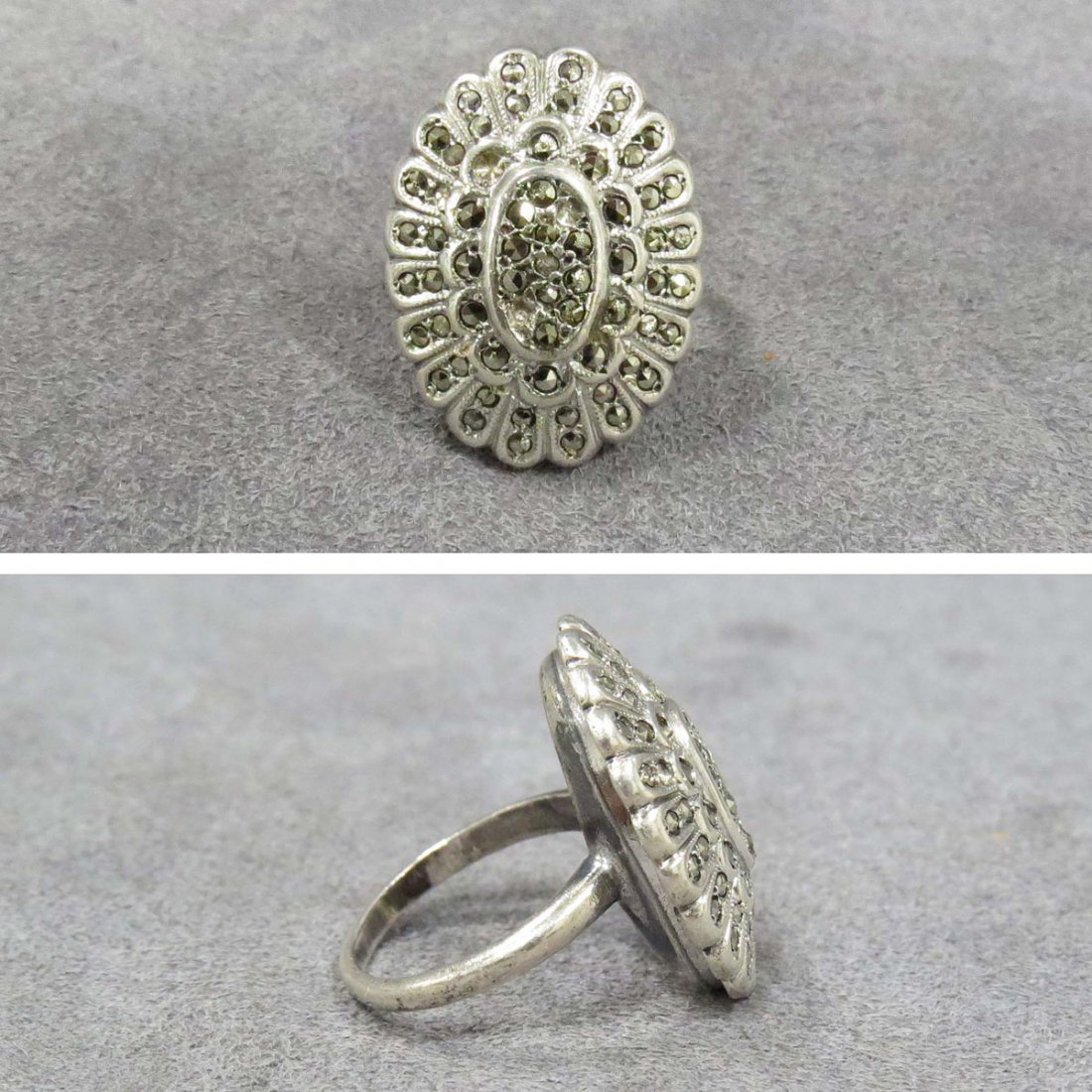 VINTAGE STERLING & MARCASITE RING: VINTAGE STERLING & MARCASITE RING. RING SIZE 6 1/2; GROSS WEIGHT 0.21 OZT