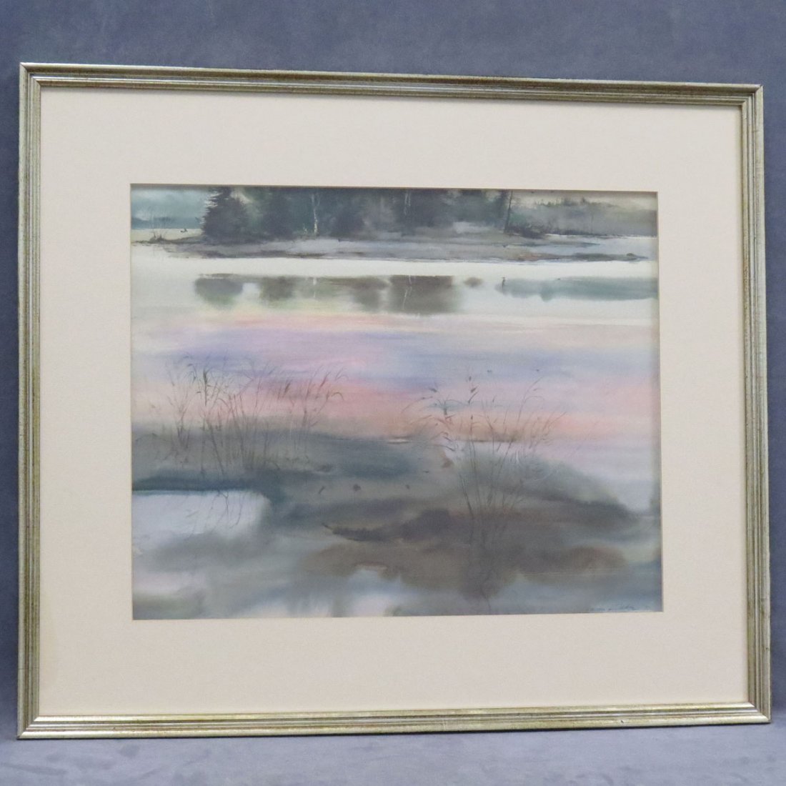 HARVEY KIDDER (AMERICAN 1918-), WATERCOLOR, MISTY: HARVEY KIDDER (AMERICAN 1918-), WATERCOLOR, MISTY LAKE LANDSCAPE, SIGNED 1972. 16 1/2 X 20 1/2"; FRAMED AND GLAZED-25 1/2 X 29 1/2"