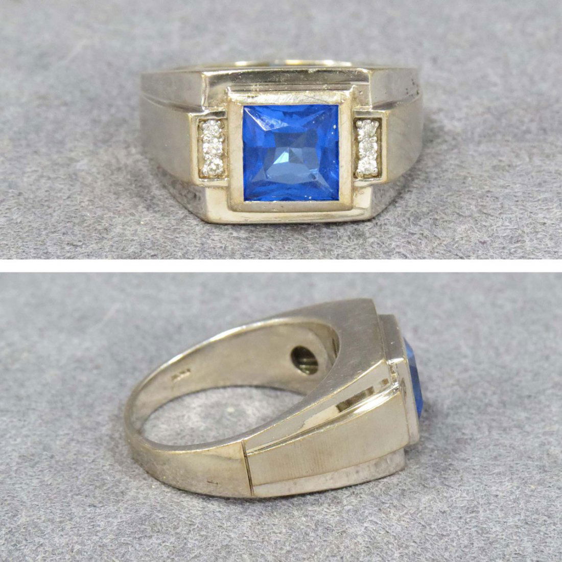 SYNTHETIC BLUE SPINEL RING: 10K WHITE GOLD & 2.75 CT SYNTHETIC BLUE SPINEL RING. RING SIZE 11 1/2; GROSS WEIGHT 10.92 GRAMS