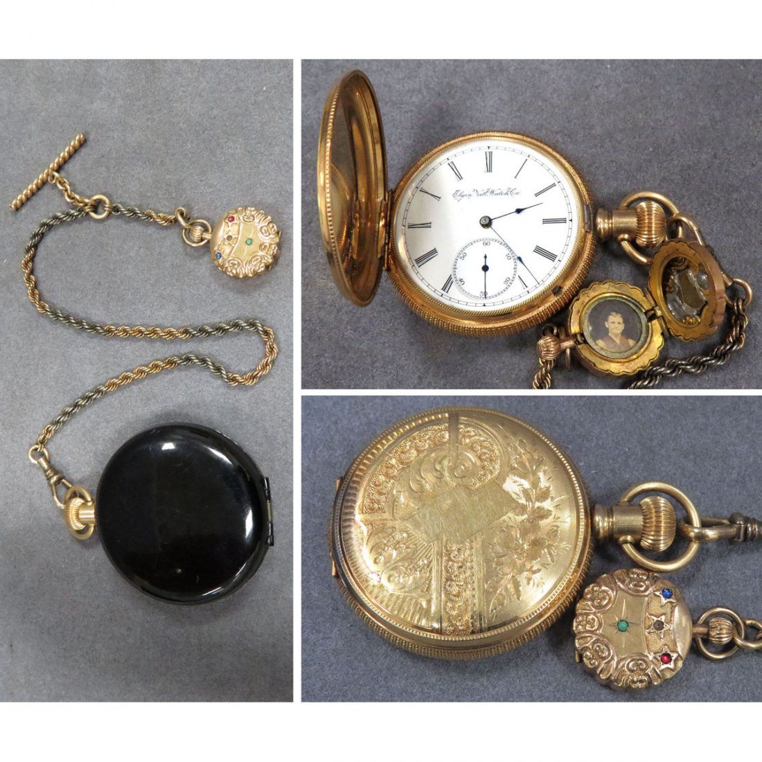 VINTAGE ELGIN 14K HUNTER CASE POCKET WATCH: VINTAGE ELGIN 14K HUNTER CASE POCKET WATCH, #6385031 WITH GOLD FILLED WATCH CHAIN/FOB. 50MM