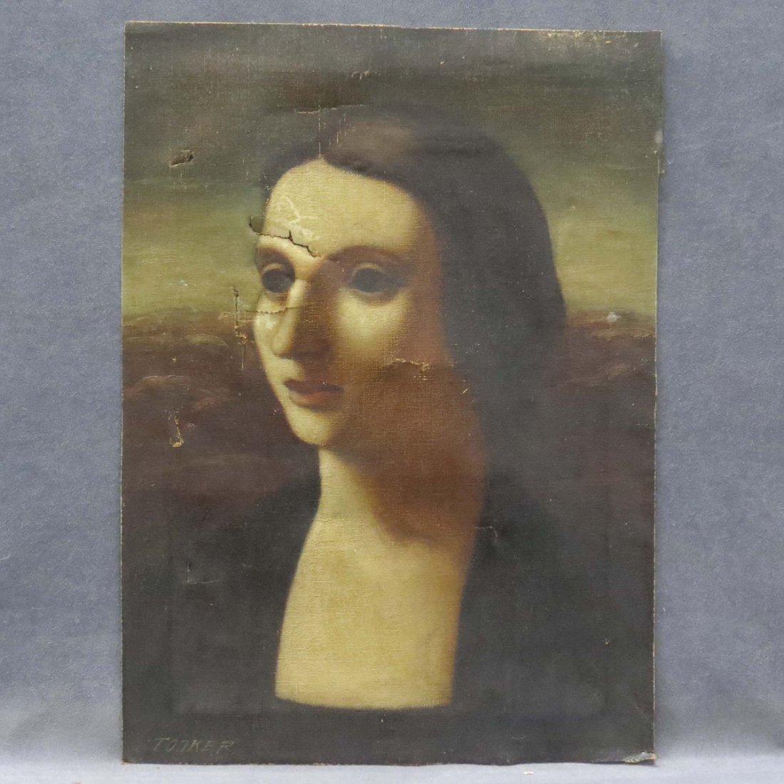 ATTRIBUTED TO GEORGE TOOKER JR (AMERICAN/NY 1920-2: ATTRIBUTED TO GEORGE TOOKER JR (AMERICAN/NY 1920-2011), OIL ON CANVAS (CUT), SURREALIST MONA LISA, SIGNED. 22 X 16" (IMPERFECTIONS)