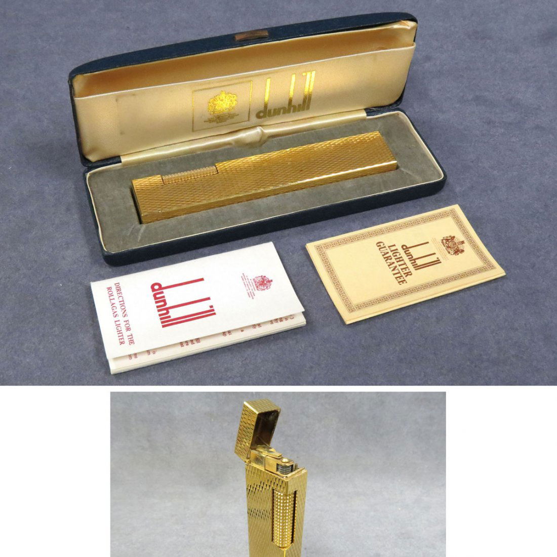 VINTAGE DUNHILL CIGARETTE LIGHTER: VINTAGE DUNHILL CIGARETTE LIGHTER WITH ORIGINAL PAPERS AND BOX. LENGTH 4 7/8"