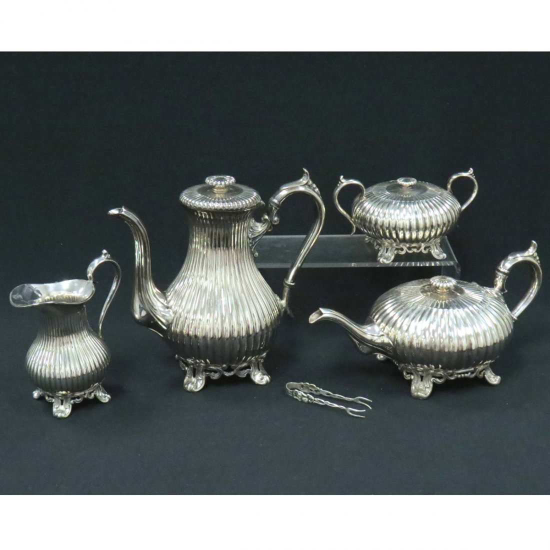 VINTAGE SET (4) JAMES DIXON & SONS TEA SERVICE: VINTAGE SET (4) JAMES DIXON & SONS SILVER PLATE TEA & COFFEE SERVICE. HEIGHT 3 3/4-9 1/2"