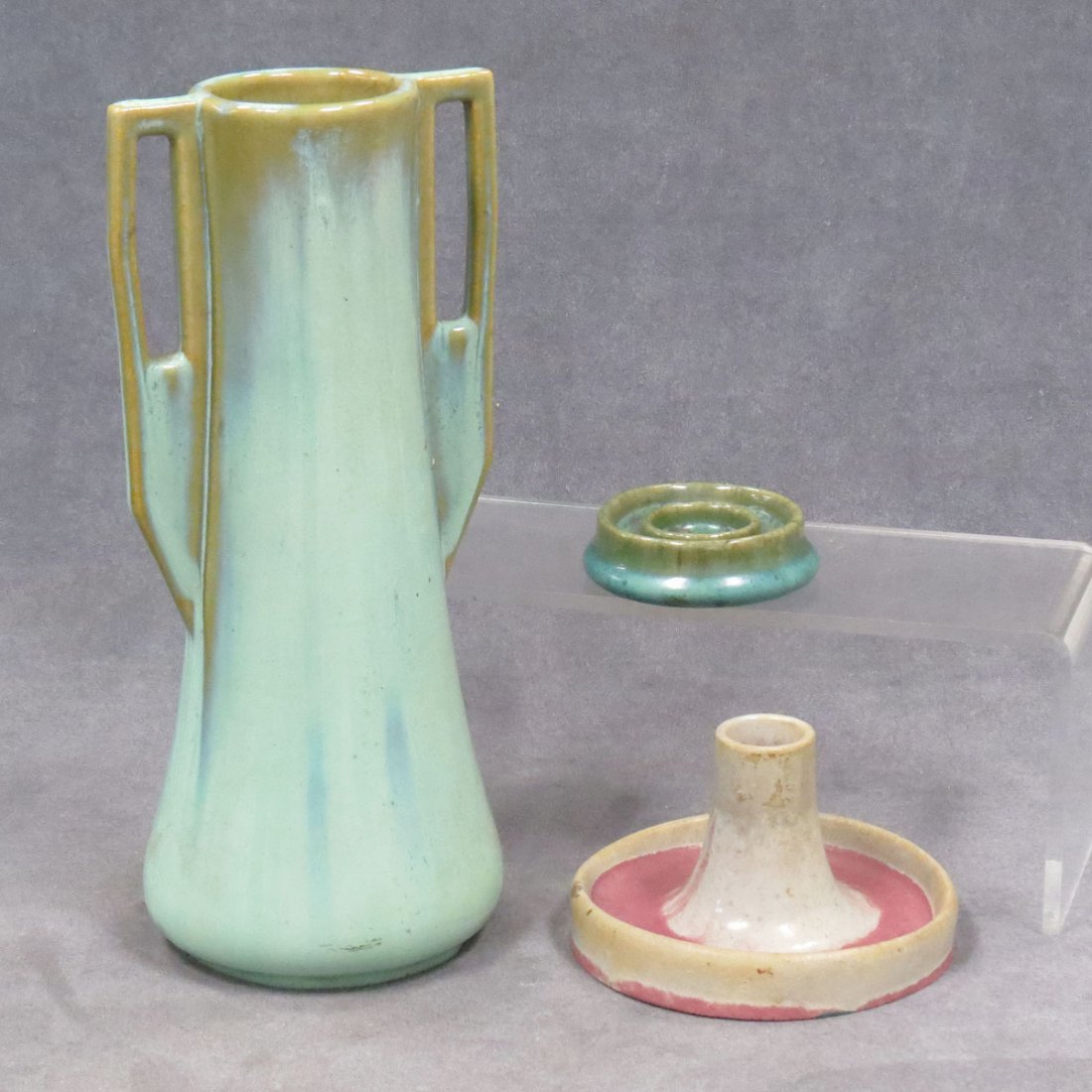 LOT (3) FULPER ART POTTERY: LOT (3) FULPER ART POTTERY INCLUDING DOUBLE HANDLE VASE, SIGNED HEIGHT 11"; (2) ASSORTED CANDLE HOLDERS, SIGNED, HEIGHT 1-3"