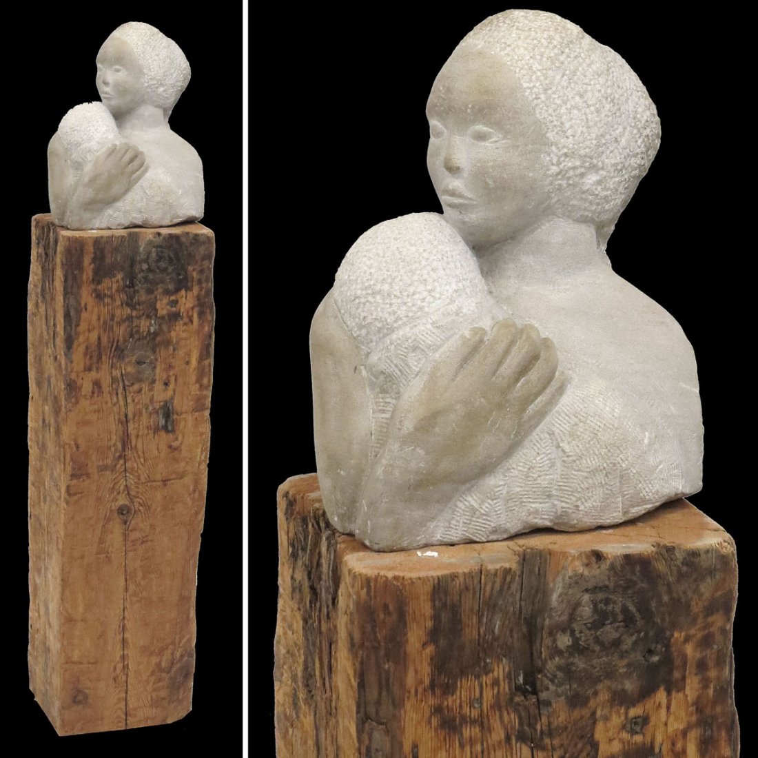 AFRO AMERICAN FOLK ART STONE SCULPTURE: AFRO AMERICAN FOLK ART STONE SCULPTURE, MOTHER AND CHILD WITH WOOD PEDESTAL BASE. SCULPTURE/HEIGHT 15"; BASE 41"