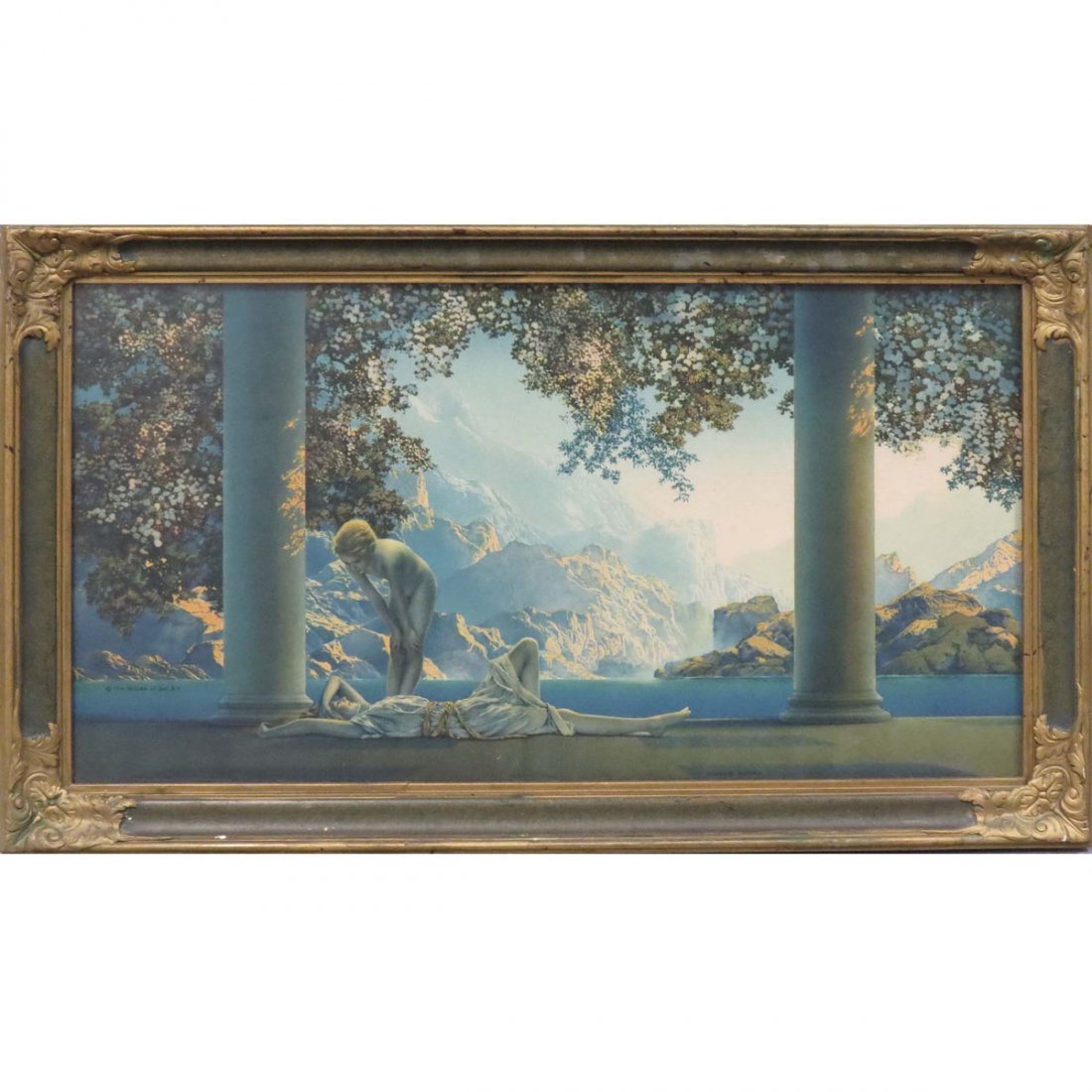 MAXFIELD PARRISH (AMERICAN 1870-1966), PRINT: MAXFIELD PARRISH (AMERICAN 1870-1966), PRINT, "DAYBREAK", HOME OF ART. FRAMED AND GLAZED-12 X 20"