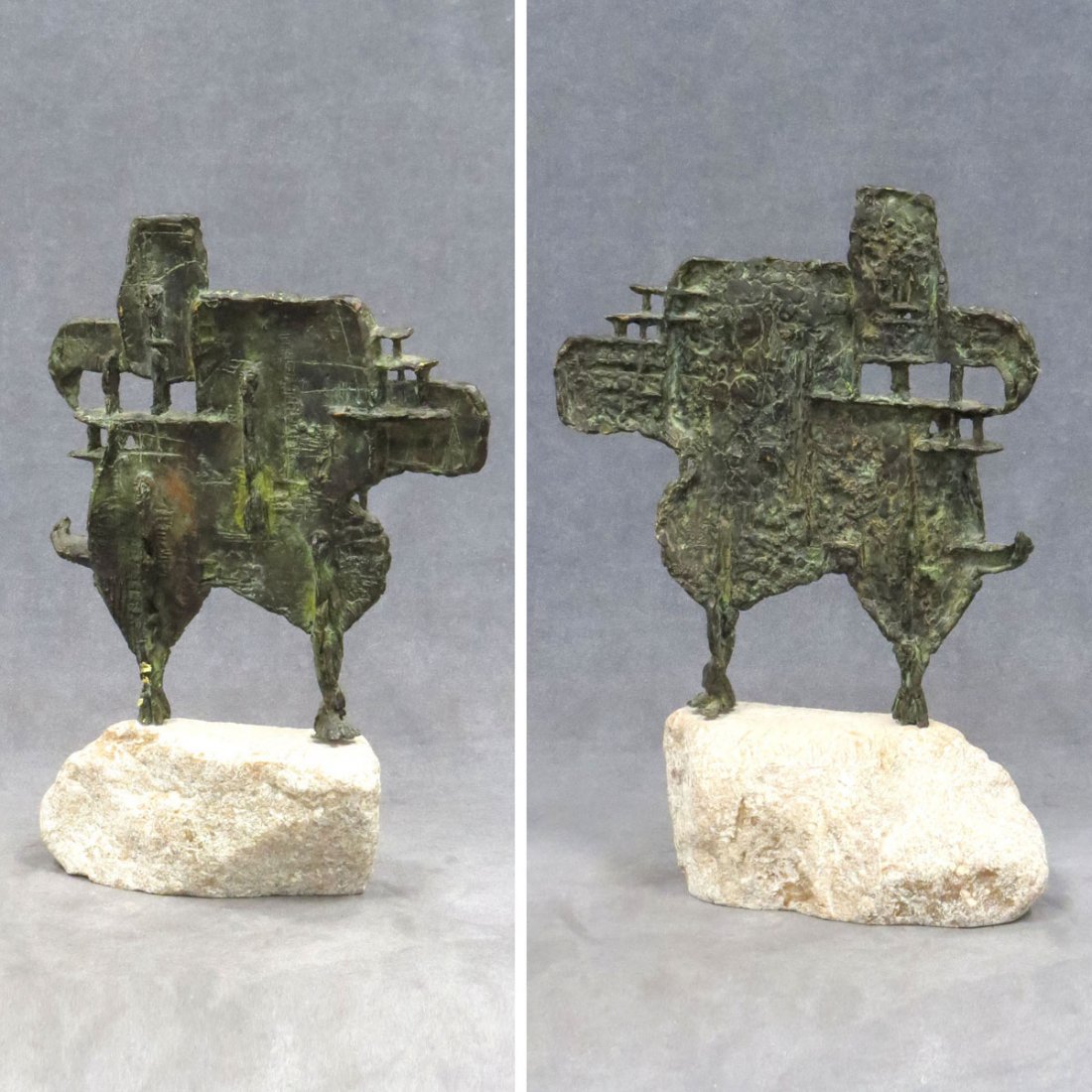 DESIGNER MODERN BRONZE ABSTRACT SCULPTURE: DESIGNER MODERN BRONZE ABSTRACT SCULPTURE ON STONE BASE. HEIGHT 14 1/2"; LENGTH 11"