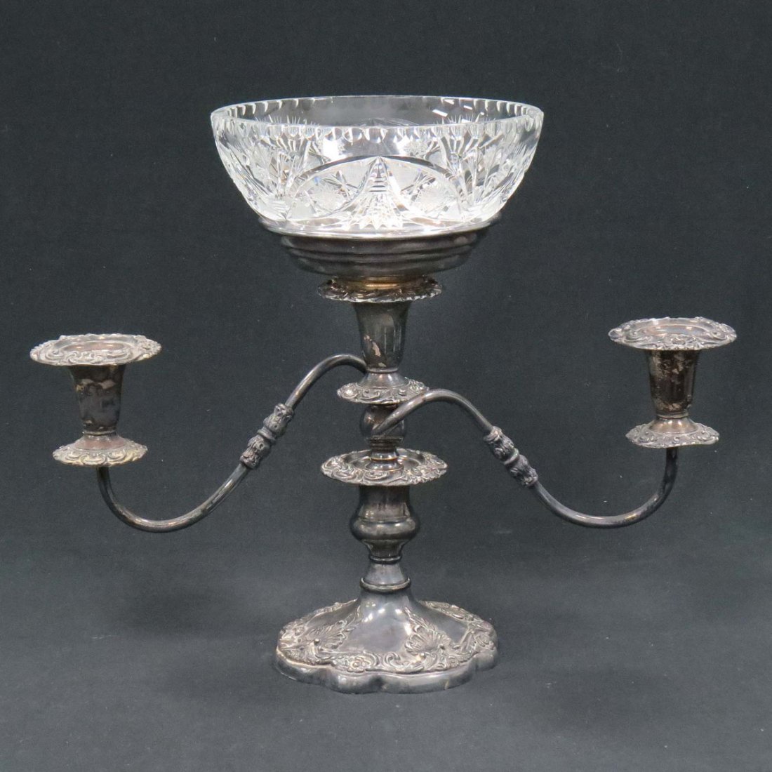 THE SHEFFIELD SILVER CO. USA CENTERPIECE: THE SHEFFIELD SILVER CO. USA, SILVER PLATE CANDELABRA CENTERPIECE WITH CUT GLASS BOWL. HEIGHT 14"