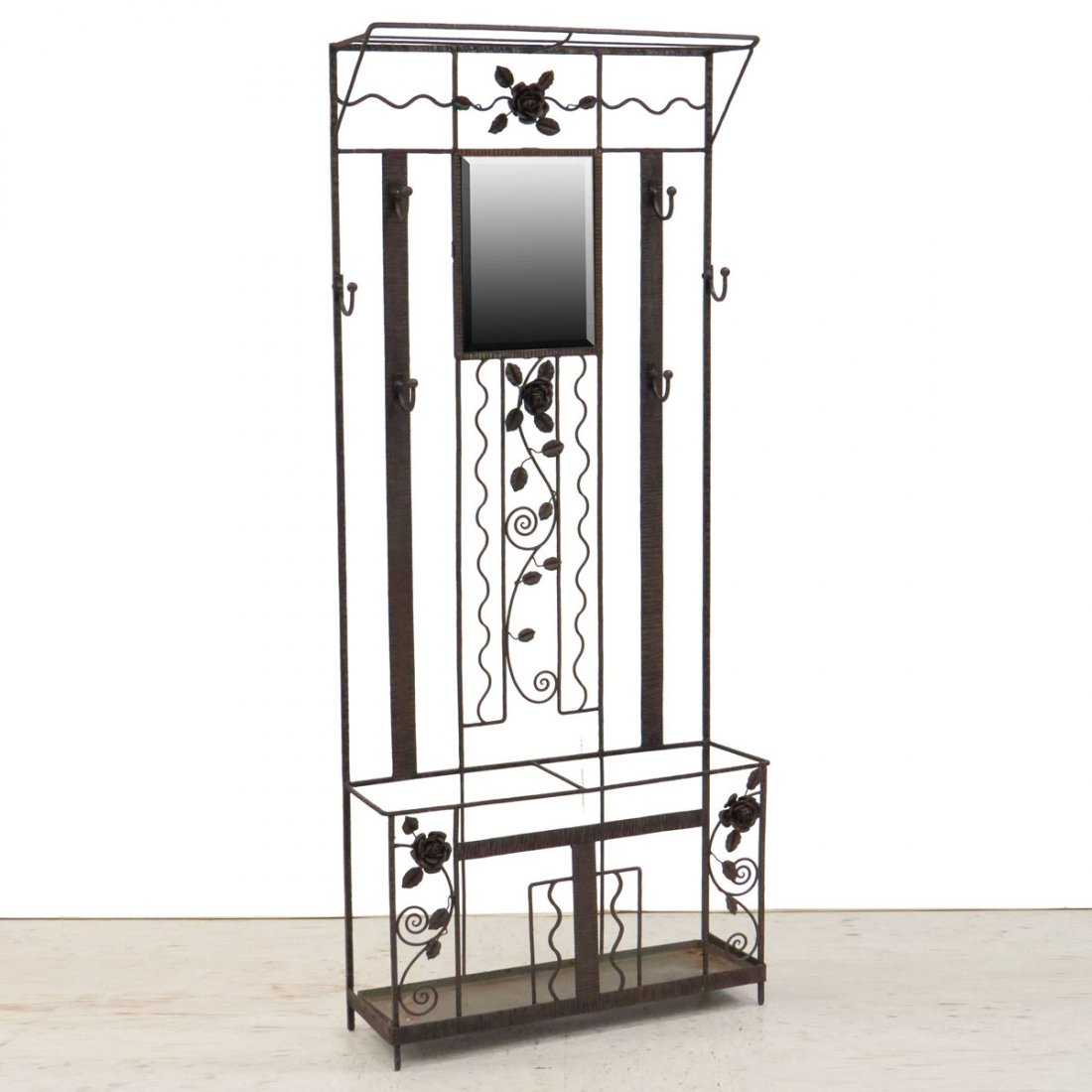 FRENCH ART DECO WROUGHT IRON HALL/UMBRELLA STAND: FRENCH ART DECO WROUGHT IRON HALL/UMBRELLA STAND. HEIGHT 75"; WIDTH 32"