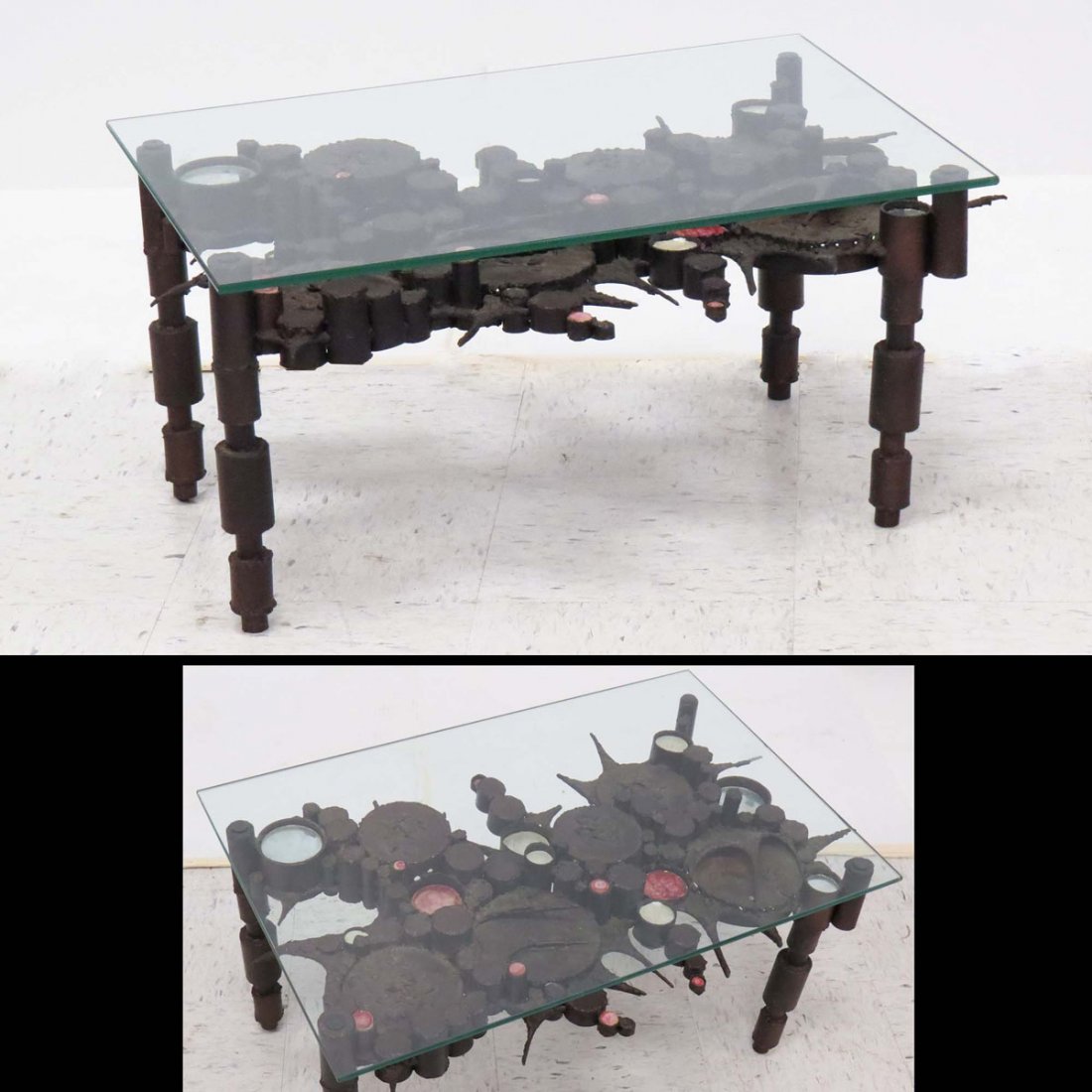 MANNER OF PAUL EVANS METAL LOW TABLE: MANNER OF PAUL EVANS METAL LOW TABLE. HEIGHT 15"; LENGTH 32"