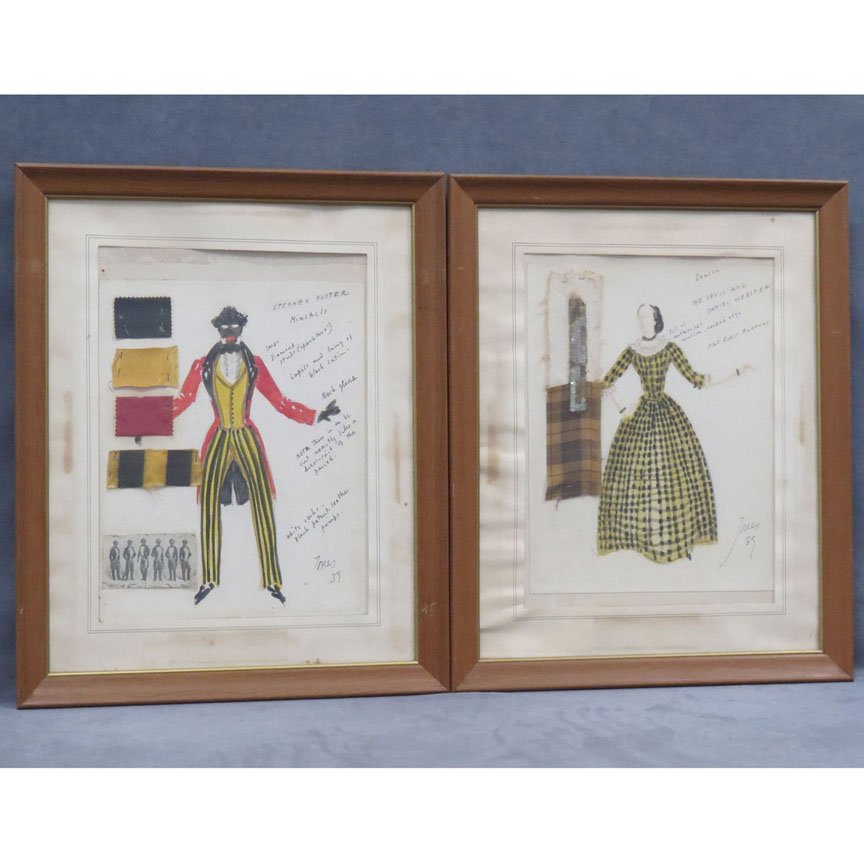 ROBERT EDMOND JONES (AMERICAN NY 1887-1954): ROBERT EDMOND JONES (AMERICAN NY 1887-1954), PAIR BROADWAY COSTUME DESIGN SKETCHES, SIGNED '39. FRAMED AND GLAZED-22 1/2 X 18" FROM: THE DEVIL AND DANIEL WEBSTER; STEPHEN FOSTER'S MINSTRELS, EXHIBITIO