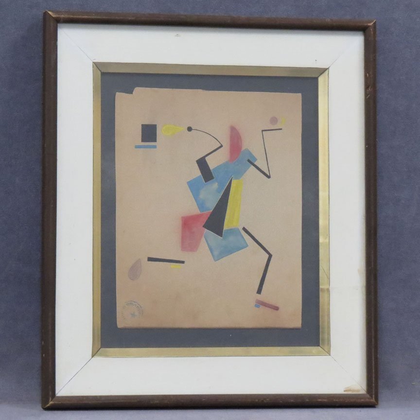 RUSSIAN SCHOOL (EARLIER 20TH CENTURY), INK: RUSSIAN SCHOOL (EARLIER 20TH CENTURY), INK AND GOUACHE, CUBIST FIGURE-DANCING, UNSIGNED/STAMPED. SHEET 9 1/2 X 7 3/4"; FRAMED AND GLAZED-16 X 13 1/2"