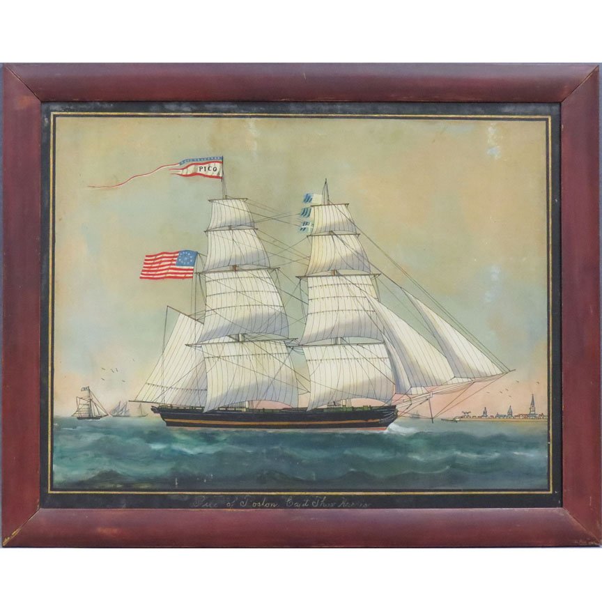 EGLOMISE PANEL, "PICO OF BOSTON CAPT. THOS HARRIS": EGLOMISE PANEL, "PICO OF BOSTON CAPT. THOS HARRIS", CLIPPER SHIP PICO. FRAMED 24 X 31"
