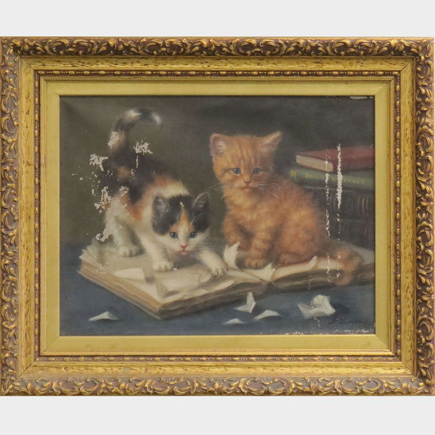 AMERICAN SCHOOL (19/20TH CENTURY), OIL ON CANVAS: AMERICAN SCHOOL (19/20TH CENTURY), OIL ON CANVAS, KITTENS, SIGNED A. LANGRE. 12 X 16"; FRAMED 18 X 12" (PAINT LOSS)