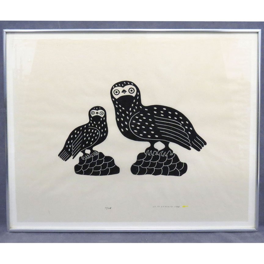 NOAH MEEKO (INUIT 20TH CENTURY), STONE CUT: NOAH MEEKO (INUIT 20TH CENTURY), STONE CUT, "GREAT WHALE RIVER SNOWY OWLS", SIGNED #10/45 1974. SHEET 22 X 27"; FRAMED AND GLAZED-24 X 29"