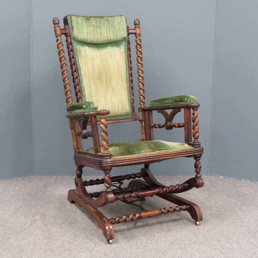 HUNTZINGER UPHOLSTERED ROCKING CHAIR, SIGNED: HUNTZINGER UPHOLSTERED ROCKING CHAIR, SIGNED, 19TH CENTURY