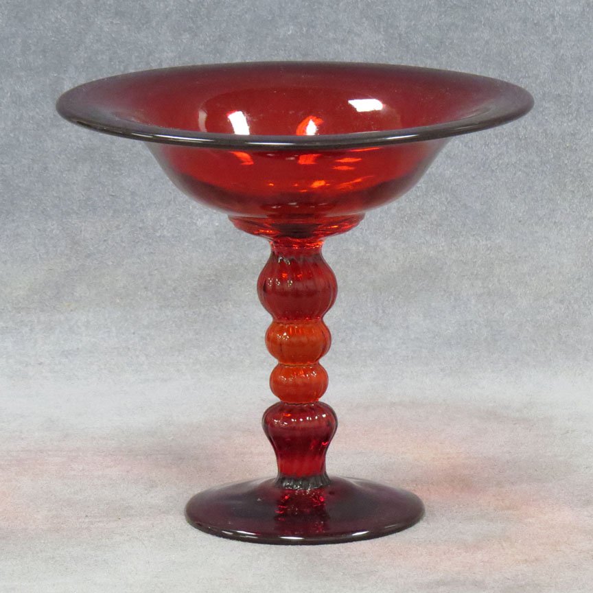 BLOWN GLASS AMBERINA COMPOTE: BLOWN GLASS AMBERINA COMPOTE. HEIGHT 6"; DIAMETER 6 1/2"