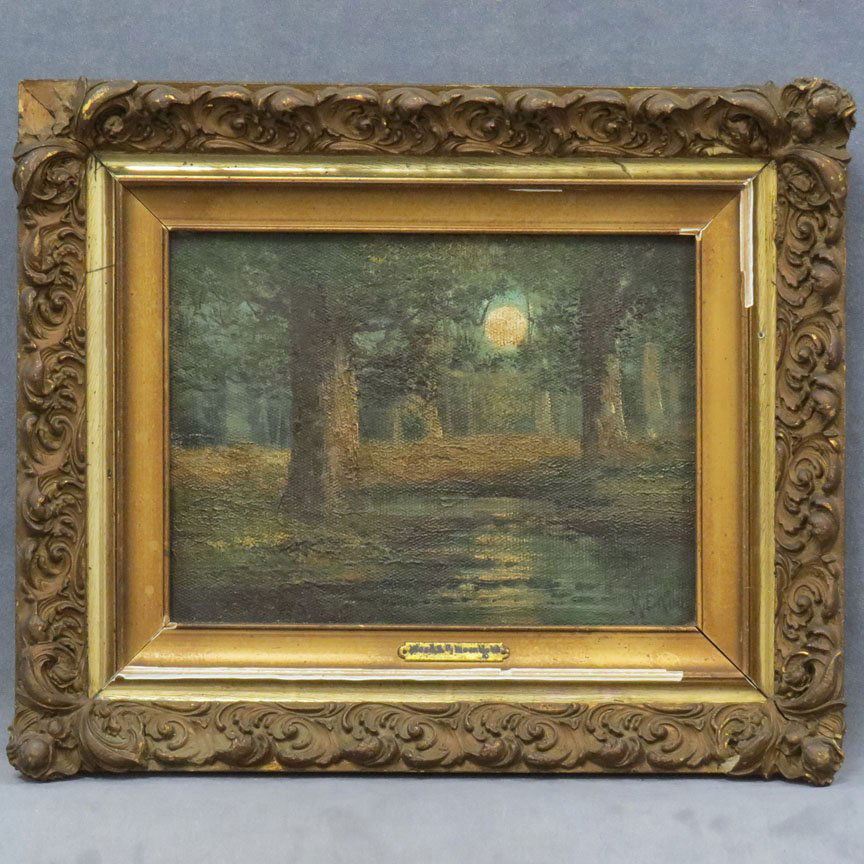 MARY ELIZABETH KING, OIL ON CANVAS: MARY ELIZABETH KING (AMERICAN/CALIFORNIA 1899-1991), OIL ON CANVAS, "WOODS BY MOONLIGHT", SIGNED AND TITLED. 9 X 12 1/4"; FRAMED 15 1/2 X 18"