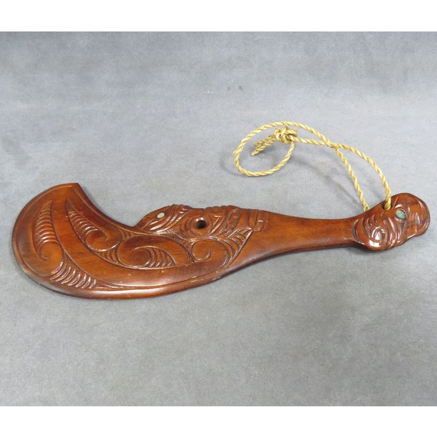MAORI, N.Z. CARVED AND ABALONE INSET WAR CLUB: MAORI, N.Z. CARVED AND ABALONE INSET WAR CLUB. LENGTH 16"