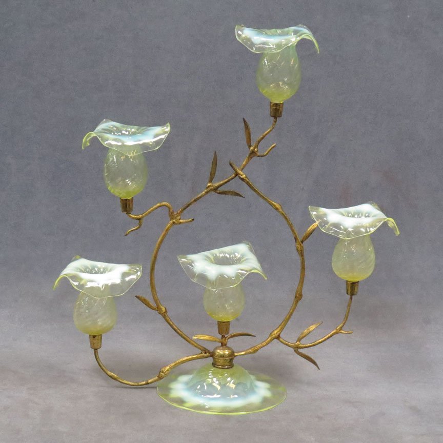 FINE GILT AND OPALESCENT VASELINE GLASS EPERGNE: FINE GILT METAL AND OPALESCENT VASELINE GLASS EPERGNE. HEIGHT 22 1/2"