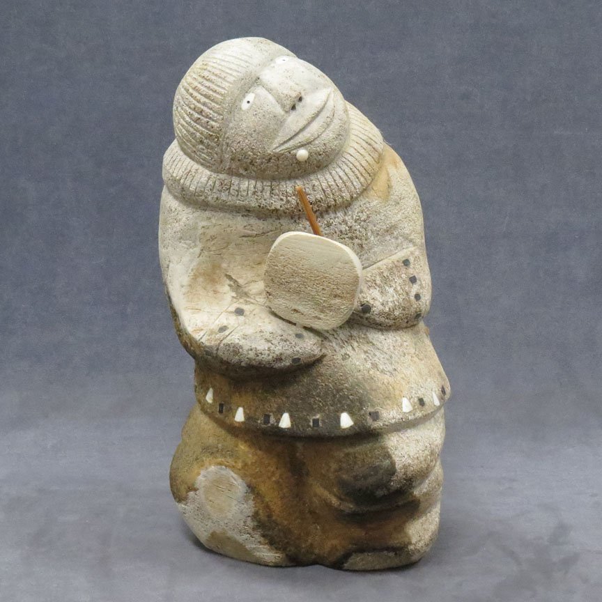 INUIT CARVED AND INLAID BALEEN DANCING FIGURE: INUIT CARVED AND INLAID BALEEN DANCING FIGURE, SIGNED. HEIGHT 15"