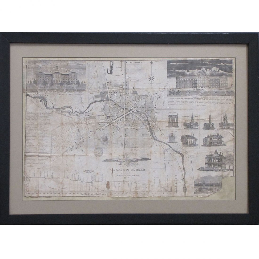 HAGAMAN & MARKHAM ENGRAVED MAP OF AUBURN, NY 1837: HAGAMAN & MARKHAM ENGRAVED MAP OF AUBURN, NY 1837. 16 1/2 X 27"; FRAMED AND GLAZED-23 1/4 X 33 1/4"