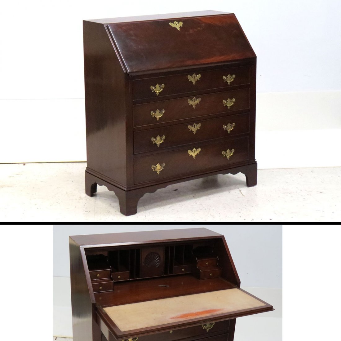 CHIPPENDALE STYLE MAHOGANY SLAT FRONT DESK: CHIPPENDALE STYLE MAHOGANY SLAT FRONT DESK. HEIGHT 41"; WIDTH 36"