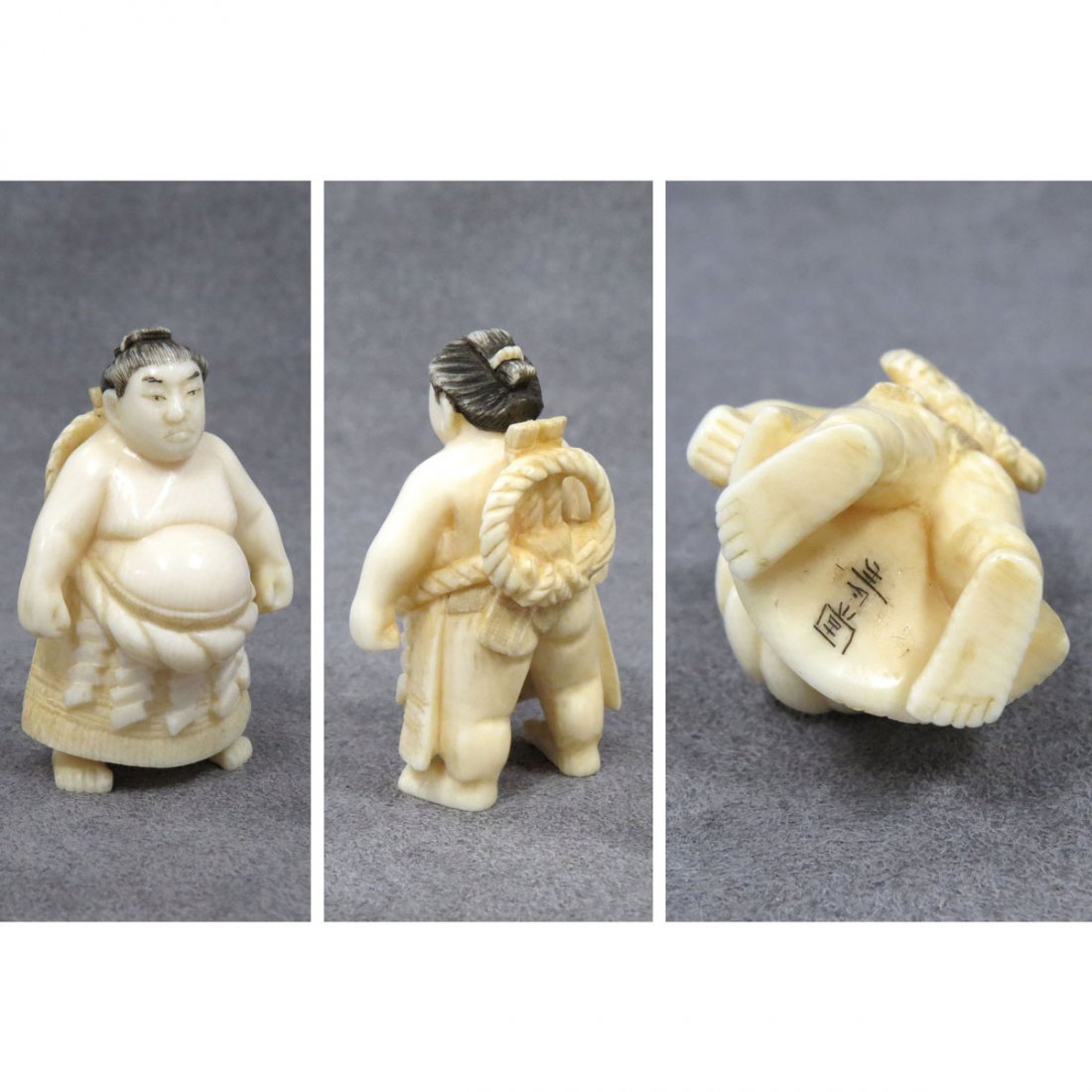 JAPANESE CARVED IVORY NETSUKE, SUMO WRESTLER: JAPANESE CARVED IVORY NETSUKE, SUMO WRESTLER, SIGNED. HEIGHT 2" **CANNOT EXPORT**