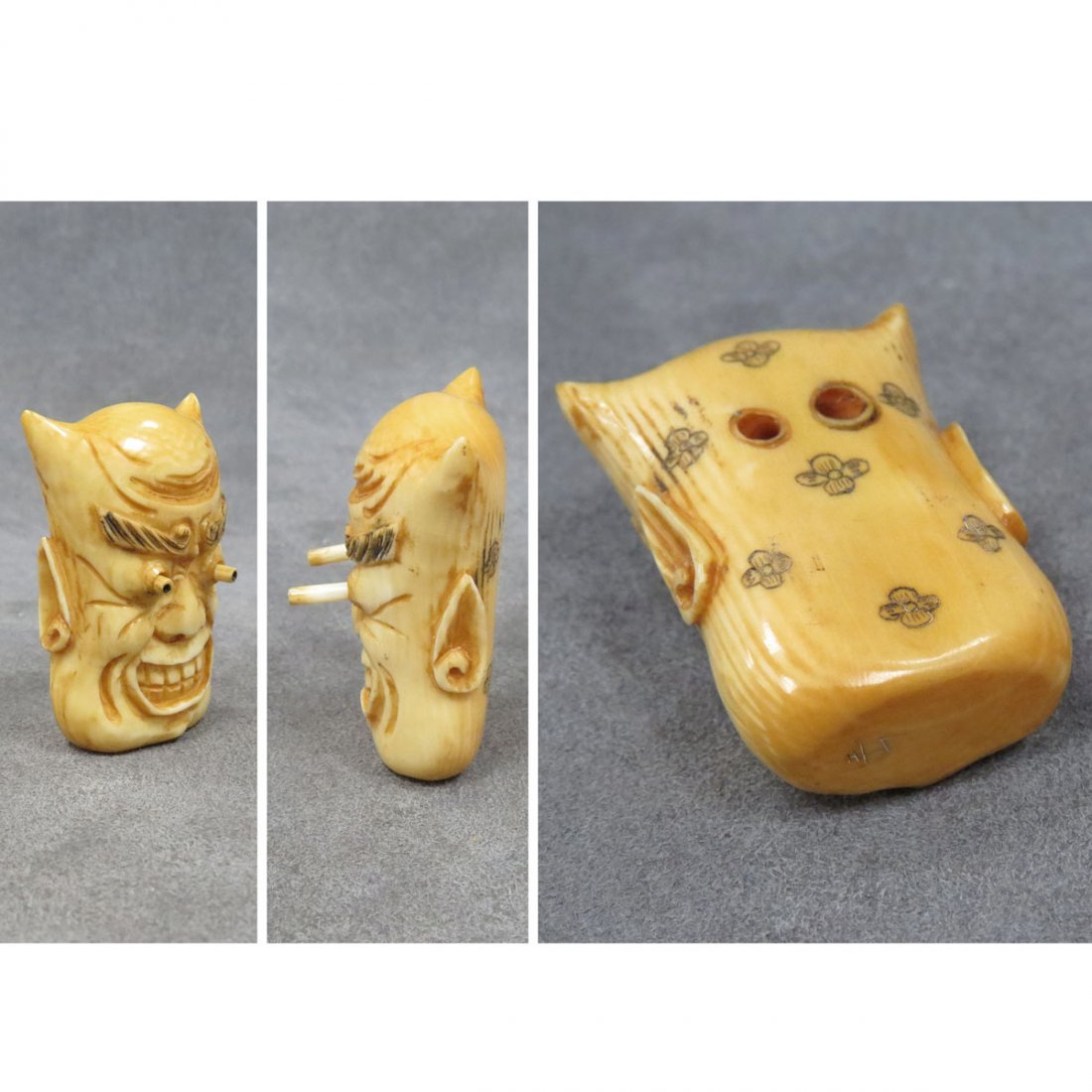 JAPANESE CARVED IVORY NETSUKE: JAPANESE CARVED IVORY NETSUKE, MASK WITH POPPING EYES, SIGNED GYOKUZAN. HEIGHT 2" **CANNOT EXPORT**