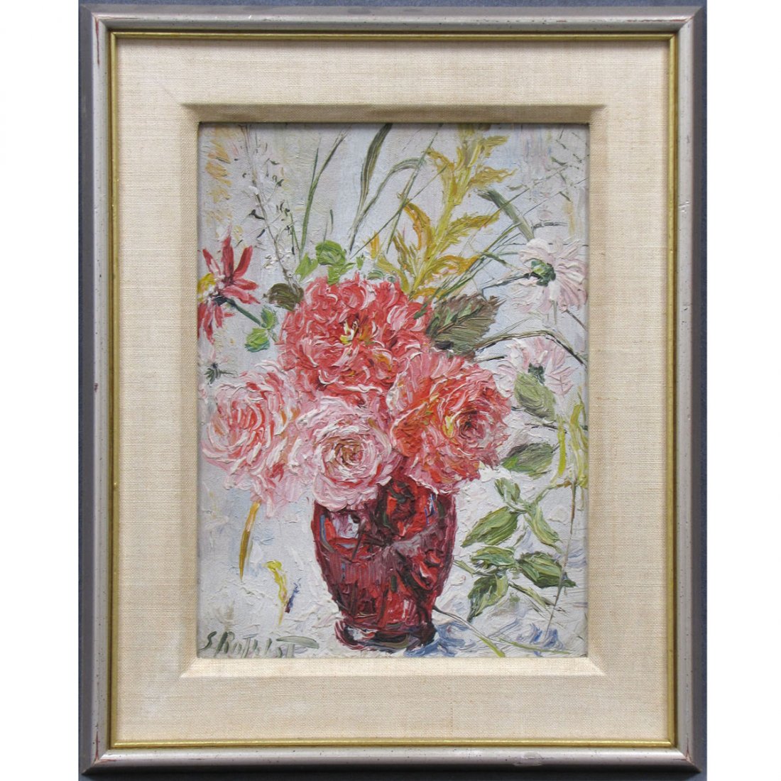 SAMUEL ROTHBORT (AMERICAN NY 1882-1971), OIL: SAMUEL ROTHBORT (AMERICAN NY 1882-1971), OIL ON ARTIST BOARD, RED VASE WITH FLOWERS, SIGNED. 12 X 9"; FRAMED 16 1/2 X 13 1/2"