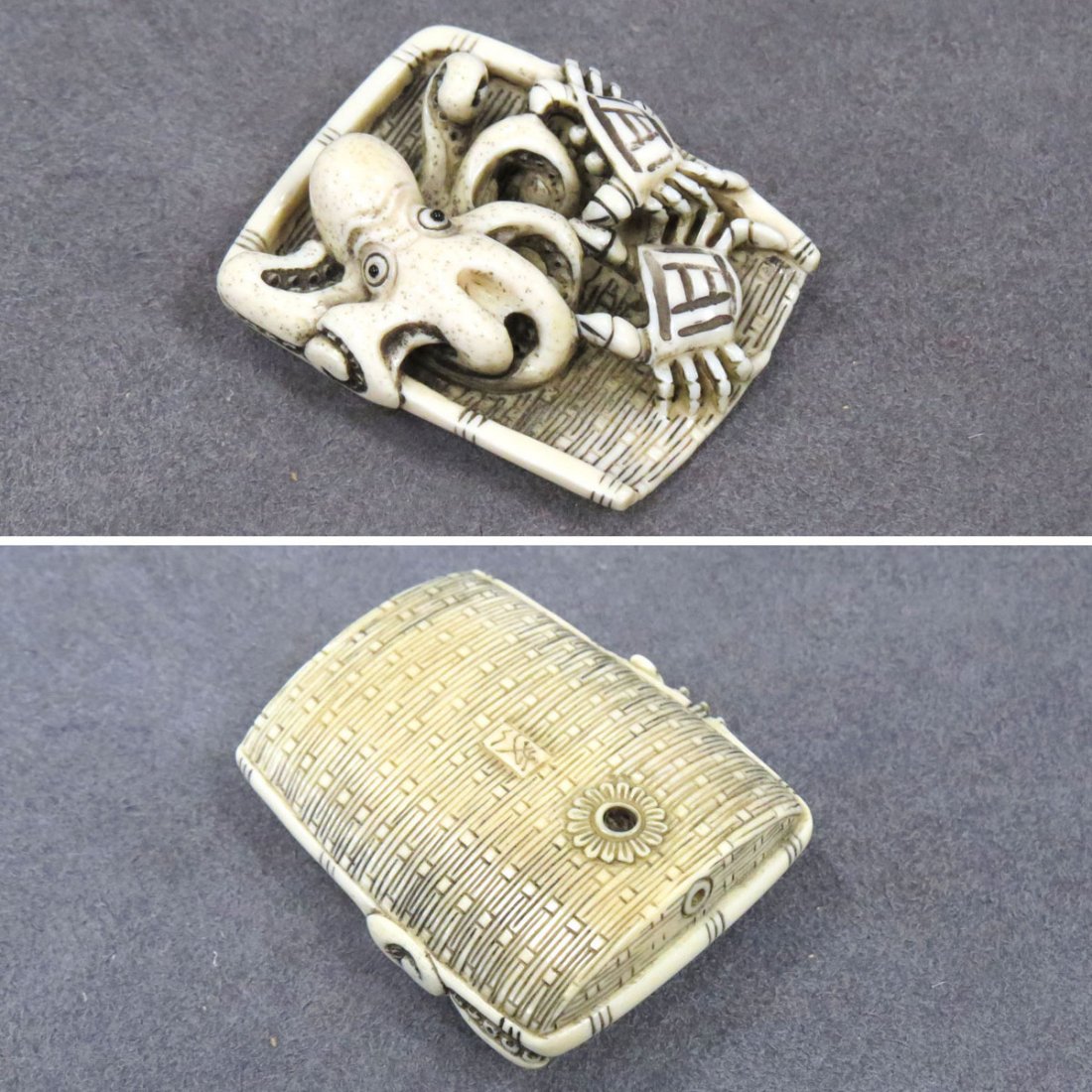 JAPANESE CARVED IVORY NETSUKE, OCTOPUS AND CRABS: JAPANESE CARVED IVORY NETSUKE, OCTOPUS AND CRABS, SIGNED. HEIGHT 2" **CANNOT EXPORT**