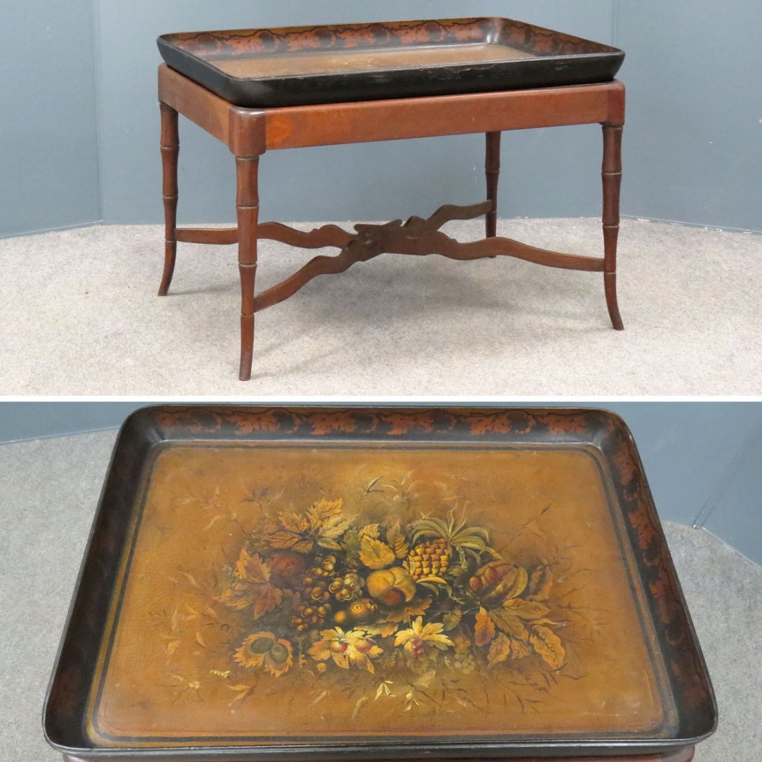 VICTORIAN HAND DECORATED MACHE' TRAY WITH STAND: VICTORIAN HAND DECORATED MACHE' TRAY WITH STAND, 19TH CENTURY. HEIGHT 21"; TOP 22 X 30"