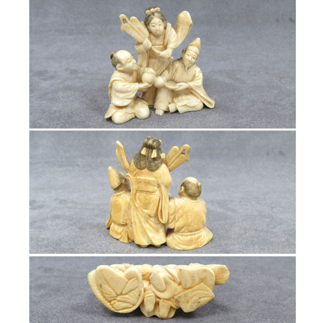 JAPANESE CARVED IVORY OKIMONO, THREE FIGURES: JAPANESE CARVED IVORY OKIMONO, THREE FIGURES. HEIGHT 2 1/2" **CANNOT EXPORT**