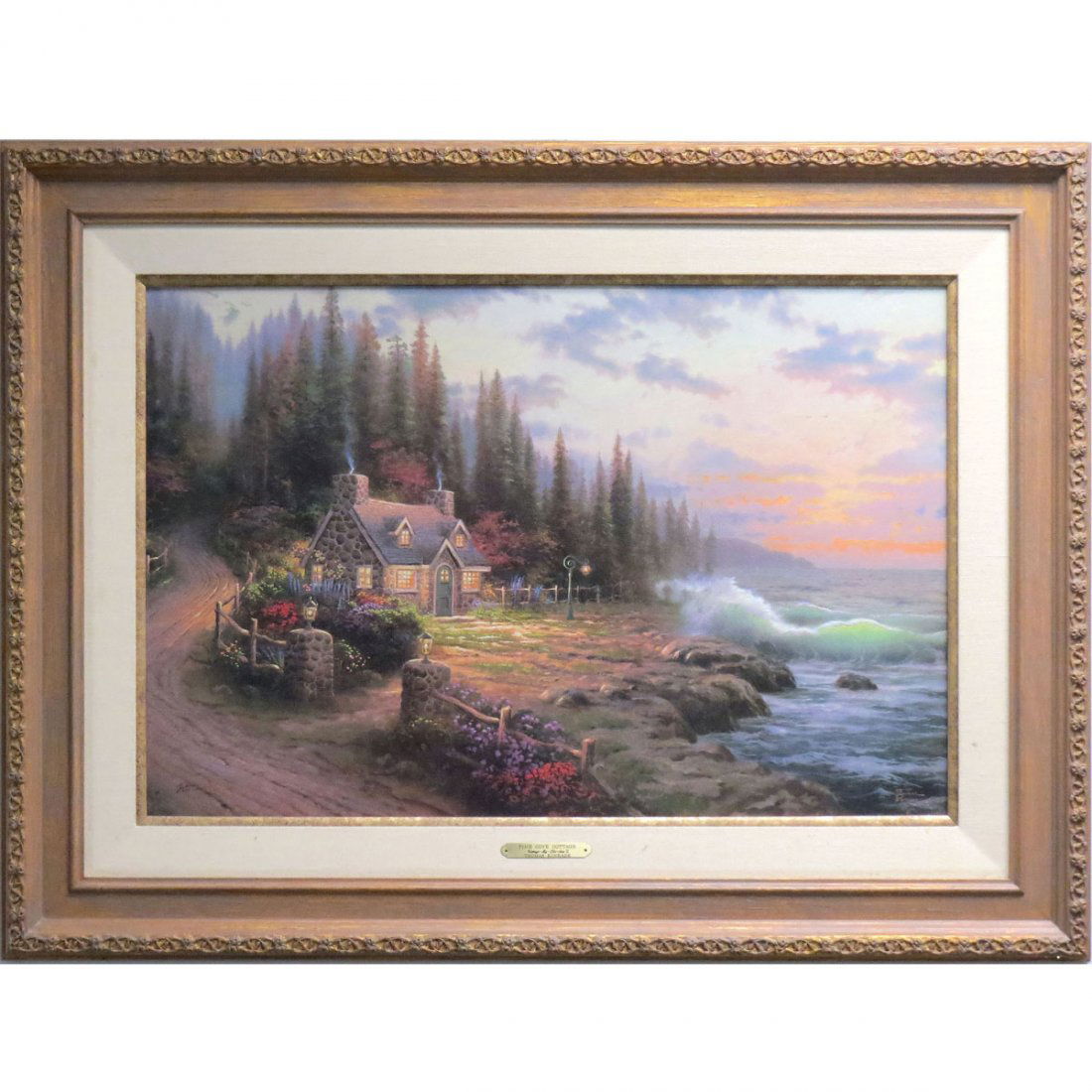 THOMAS KINKADE (AMERICAN 20TH CENTURY), LITHO: THOMAS KINKADE (AMERICAN 20TH CENTURY), HAND HIGHLIGHTED LITHOGRAPH, "PINE CONE COTTAGE-COTTAGE BY THE SEA II", SIGNED #1625/4950. 17 X 26"; FRAMED 27 1/2 X 36 1/2"