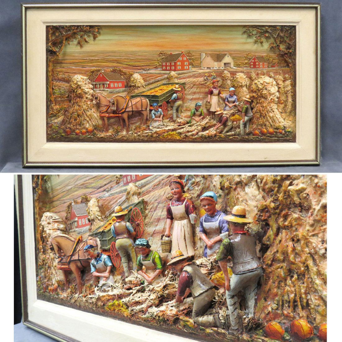 AARON ZOOK (PA AMISH 20TH CENTURY), PANEL: AARON ZOOK (PA AMISH 20TH CENTURY), CARVED AND PAINTED MIXED MEDIA-WOOD RELIEF, AUTUMN HARVEST, SIGNED 1983. FRAMED 20 X 37"