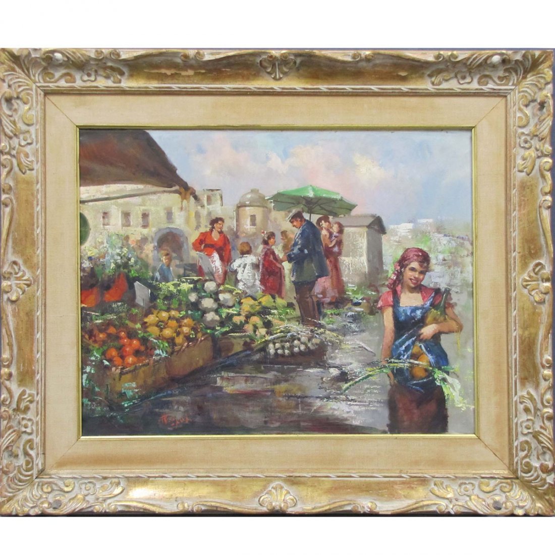 FRANCO RISPOLI (ITALIAN 1921-1989), OIL ON CANVAS: FRANCO RISPOLI (ITALIAN 1921-1989), OIL ON CANVAS, "MERCATINO, ROMA", SIGNED AND TITLED. 20 1/2 X 27"; FRAMED 31 X 36 1/2"