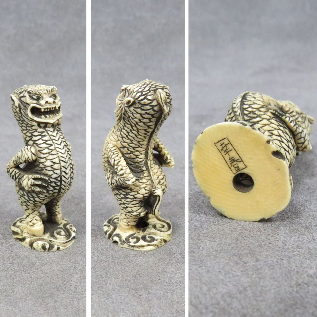 JAPANESE CARVED IVORY NETSUKE, DEMON, SIGNED: JAPANESE CARVED IVORY NETSUKE, DEMON, SIGNED. HEIGHT 2" **CANNOT EXPORT**